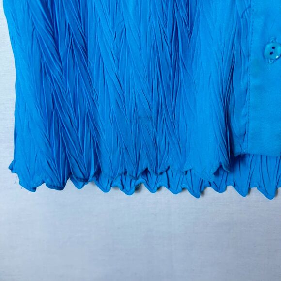 Vintage 90s Rene Margo Turquoise Blue Crinkle Pleated SS Button Down Top Size S - Picture 4 of 11